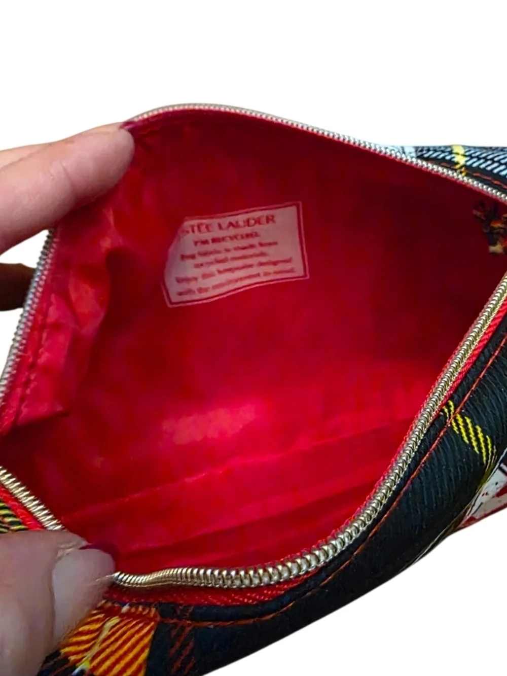 Estee Lauder Plaid Preppy Lined Cosmetic Pouch with Gold Zipper Trim